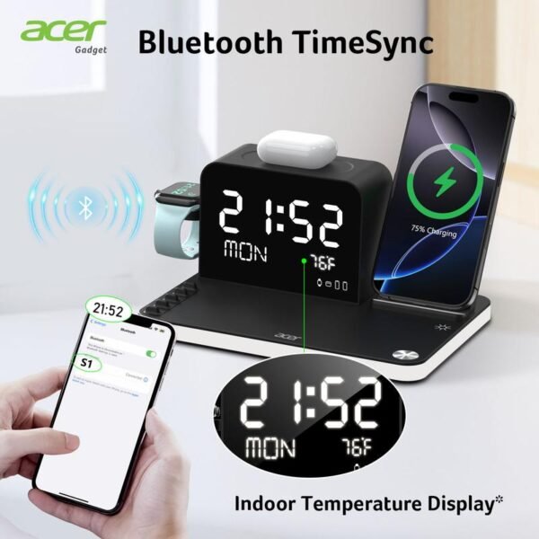 Acer 7 in 1 Wireless Charging Station, MagSafe Dual Phone Charger with Night Light ,Bluetooth Timesync for iPhone 17 16 15 14 13 12 Series & AirPods & iWatch & Android Phone, Black USB Electronic Smartphone Cellphone Wireless Clock Charger Dealsforyoudays - Image 6