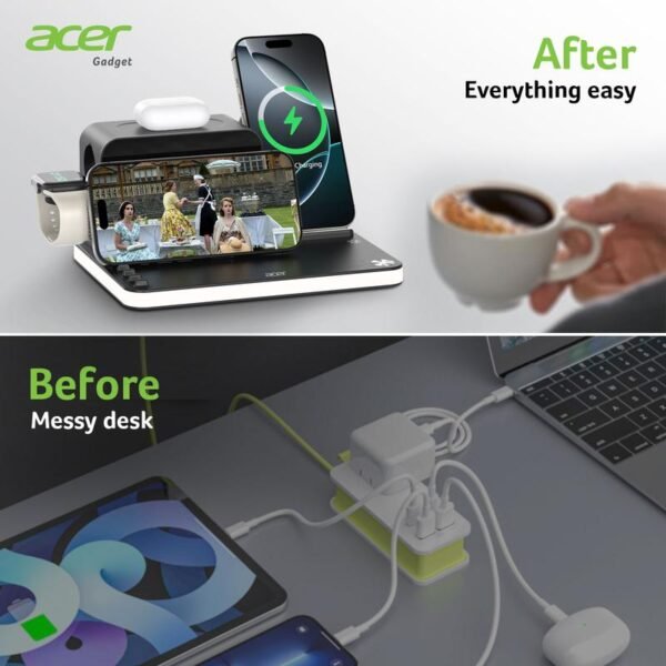 Acer 7 in 1 Wireless Charging Station, MagSafe Dual Phone Charger with Night Light ,Bluetooth Timesync for iPhone 17 16 15 14 13 12 Series & AirPods & iWatch & Android Phone, Black USB Electronic Smartphone Cellphone Wireless Clock Charger Dealsforyoudays - Image 2