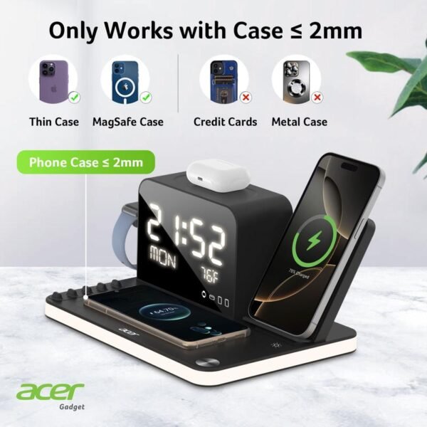 Acer 7 in 1 Wireless Charging Station, MagSafe Dual Phone Charger with Night Light ,Bluetooth Timesync for iPhone 17 16 15 14 13 12 Series & AirPods & iWatch & Android Phone, Black USB Electronic Smartphone Cellphone Wireless Clock Charger Dealsforyoudays - Image 3