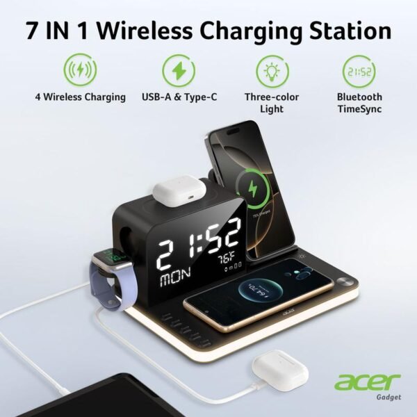 Acer 7 in 1 Wireless Charging Station, MagSafe Dual Phone Charger with Night Light ,Bluetooth Timesync for iPhone 17 16 15 14 13 12 Series & AirPods & iWatch & Android Phone, Black USB Electronic Smartphone Cellphone Wireless Clock Charger Dealsforyoudays - Image 5