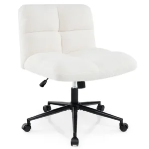 COSTWAY Faux Fur/Linen Fabric/PU Leather Upholstered Office Chair, Height Adjustable Swivel Computer Desk Chair with Wide Seat, 150-160kg Cross Legged Accent Vanity Seat Armless Task Chairs for Home Office