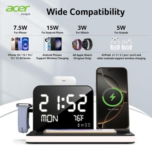 Acer 7 in 1 Wireless Charging Station, MagSafe Dual Phone Charger with Night Light ,Bluetooth Timesync for iPhone 17 16 15 14 13 12 Series & AirPods & iWatch & Android Phone, Black USB Electronic Smartphone Cellphone Wireless Clock Charger Dealsforyoudays - Image 4